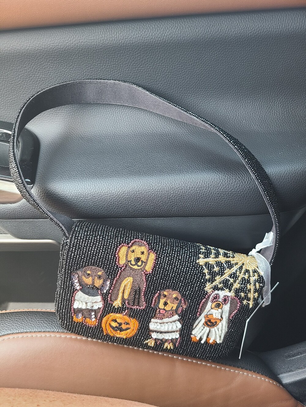 Beaded Black Halloween Dog-Embroidered Shoulder Bag